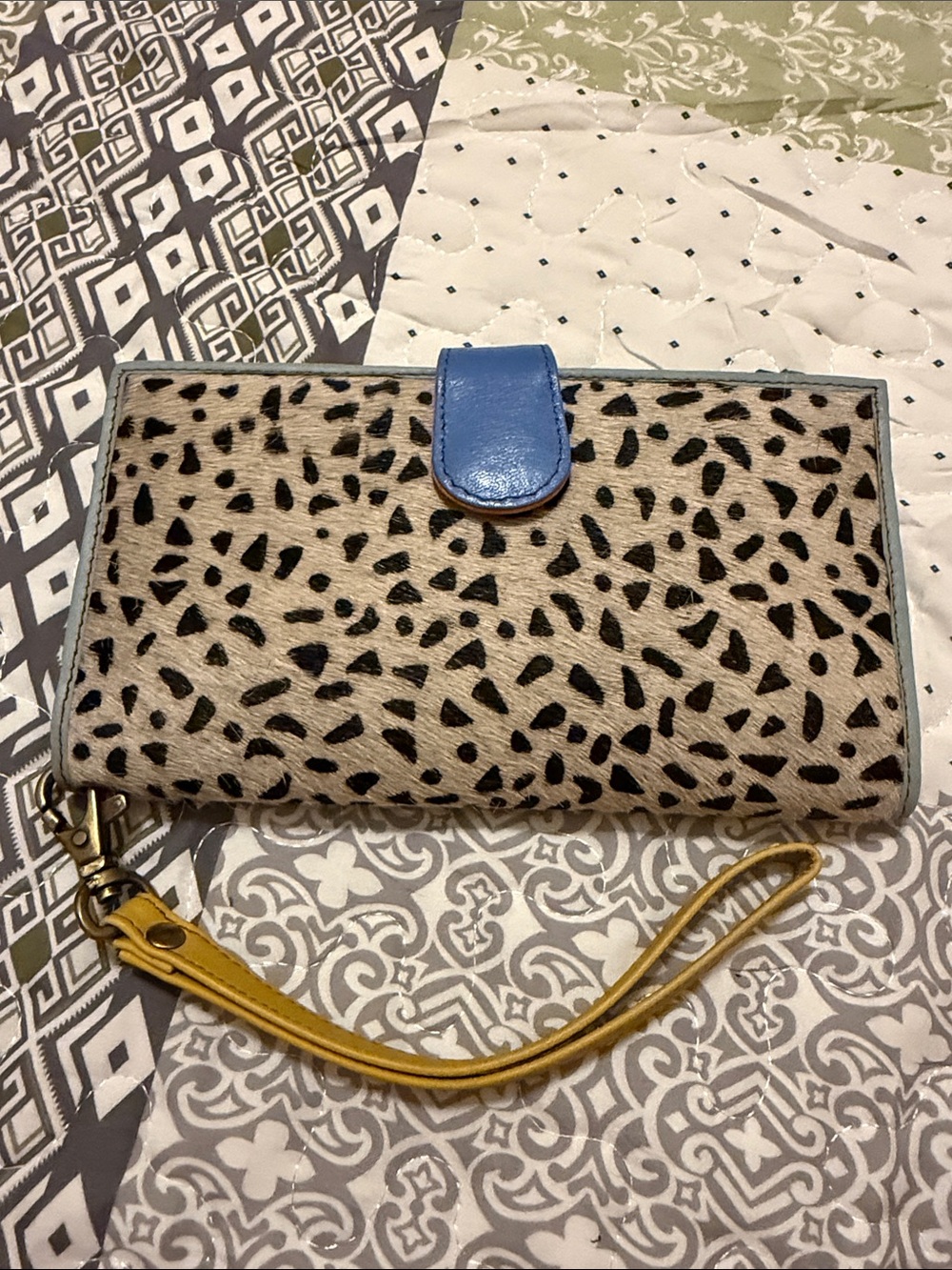 Leather Leopard Print Wristlet Clutch with Blue Tab and Yellow Strap